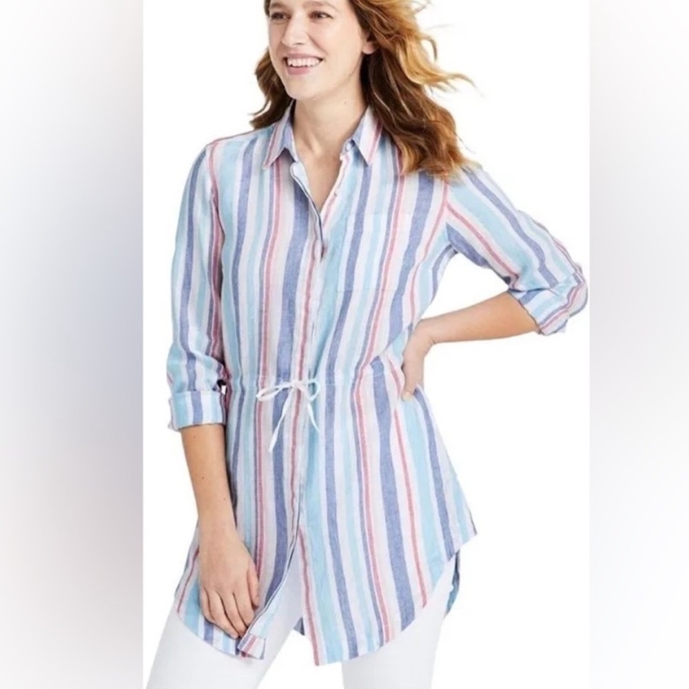 L.L. Bean Striped Linen Drawstring Waist Tunic Top Sz M